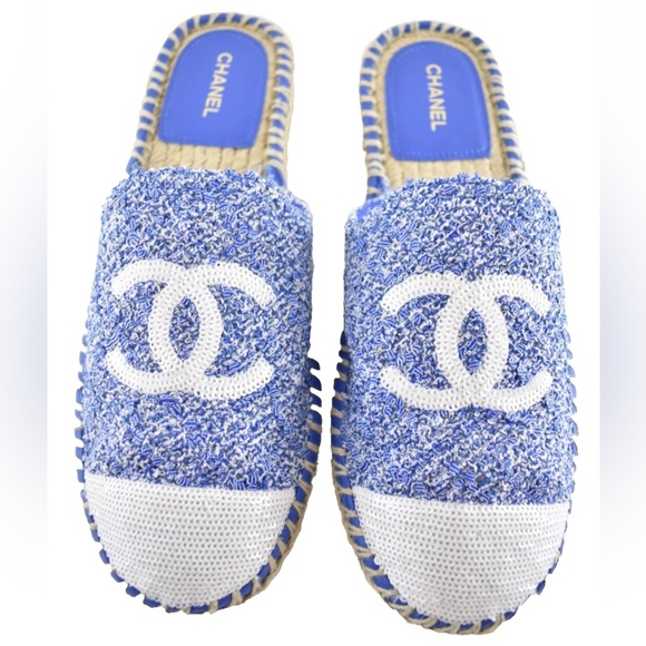 Chanel 24P Blue Tweed White Sequin CC Logo Backless Espadrille Slide Flat 40 - Picture 1 of 14